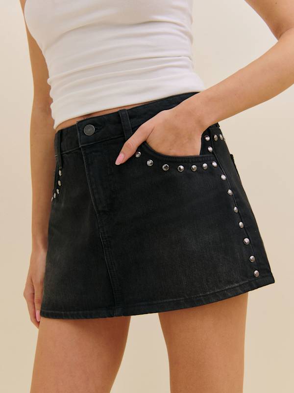 Hazel Low Rise Denim Mini Skirt - Vana Studded